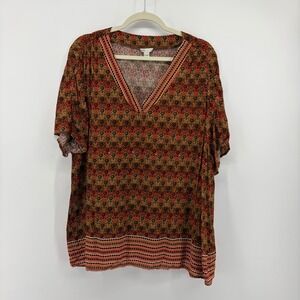 Cato Womens 22/24W Orange Boho Floral Medallion V-Neck Rayon Blouse Top